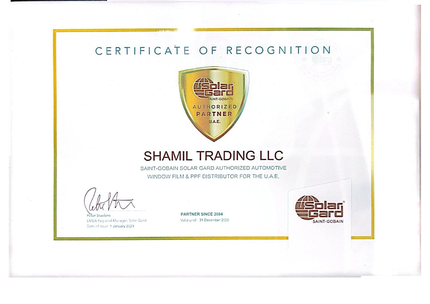 Solar Gard Authorized Automotive Window Film & PPF Distributor certificate — Shamil Trading LLC