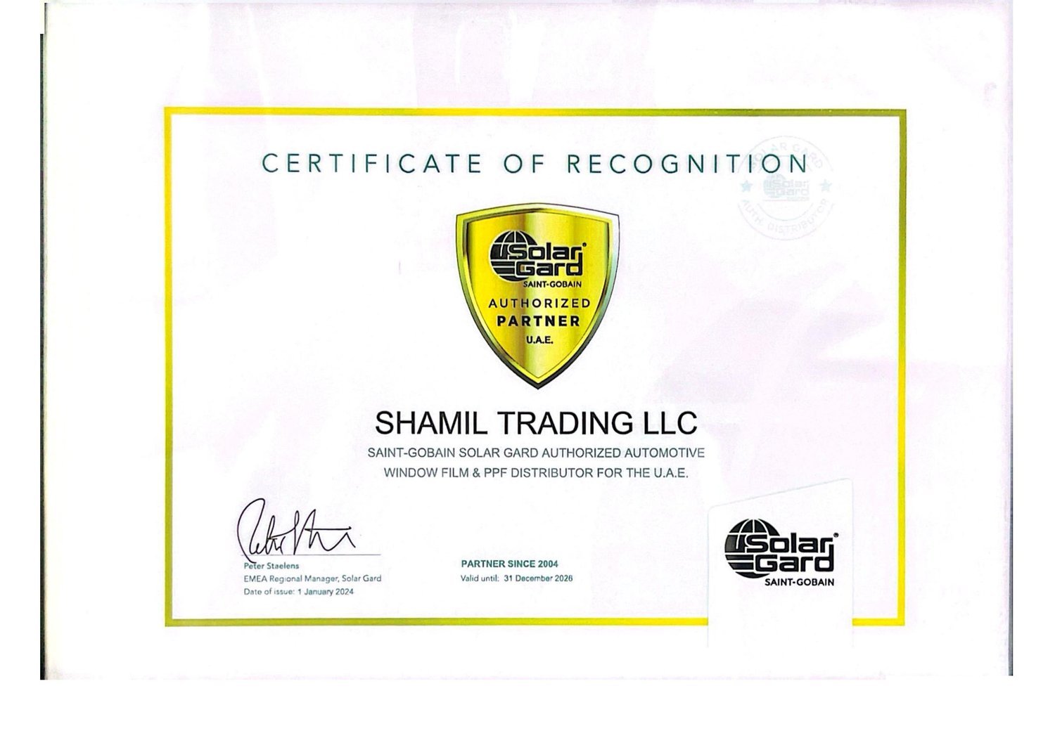 Solar Gard Authorized Automotive Window Film & PPF Distributor certificate — office copy — Shamil Trading LLC