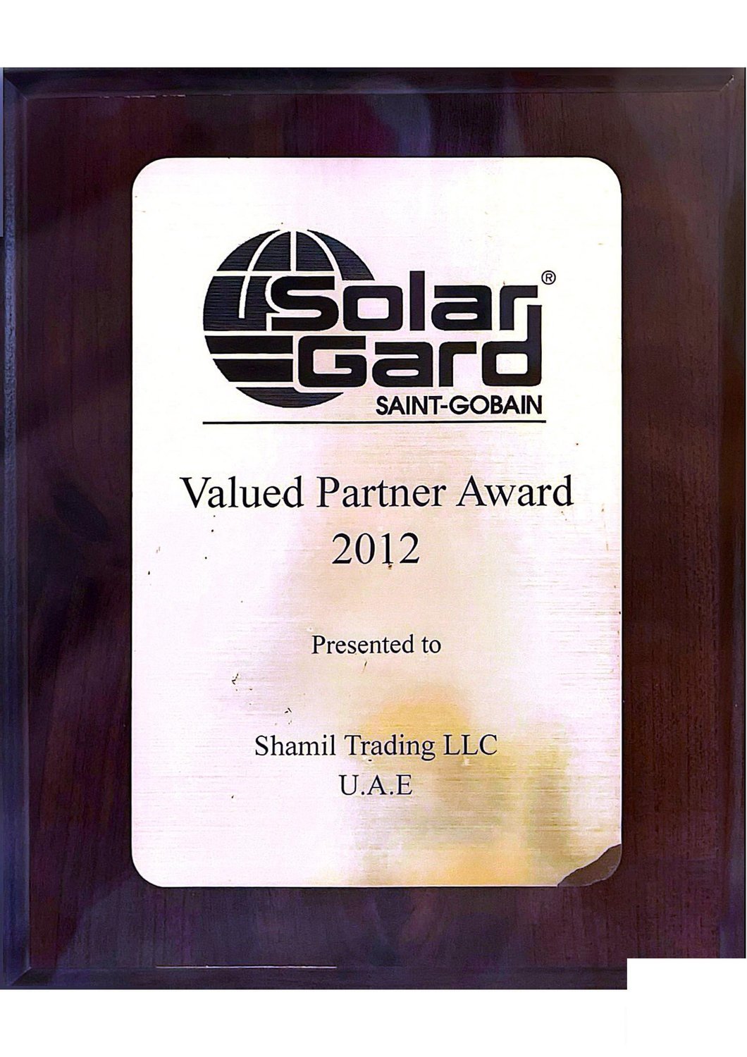 Solar Gard Valued Partner Award 2012 — Shamil Trading LLC
